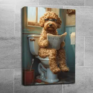 2D Flat， A Humorous Canvas Wall Art Featuring a Dog Sitting on a Toilet And Reading a Newspaper, Ideal for Restroom Decor. This Unique Piece Is Perfect for Dog Enthusiasts And Adds a Quirky Touch to Your Home