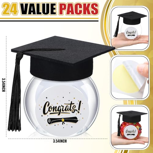 12/24 Pcs Class of 2026 Graduation Cap Candy Jars Set for Student- Multiple Colors, 8oz Graduation Party Decorations Gifts for School Party Guests