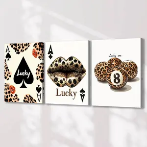 Leopard Print & Letter Pattern Wooden Framed Canvas Painting, 3 Counts/set Lucky You Themed Wall Art, Wall Decor for Home Living Room Bedroom Office, Decoration Items, Ornaments