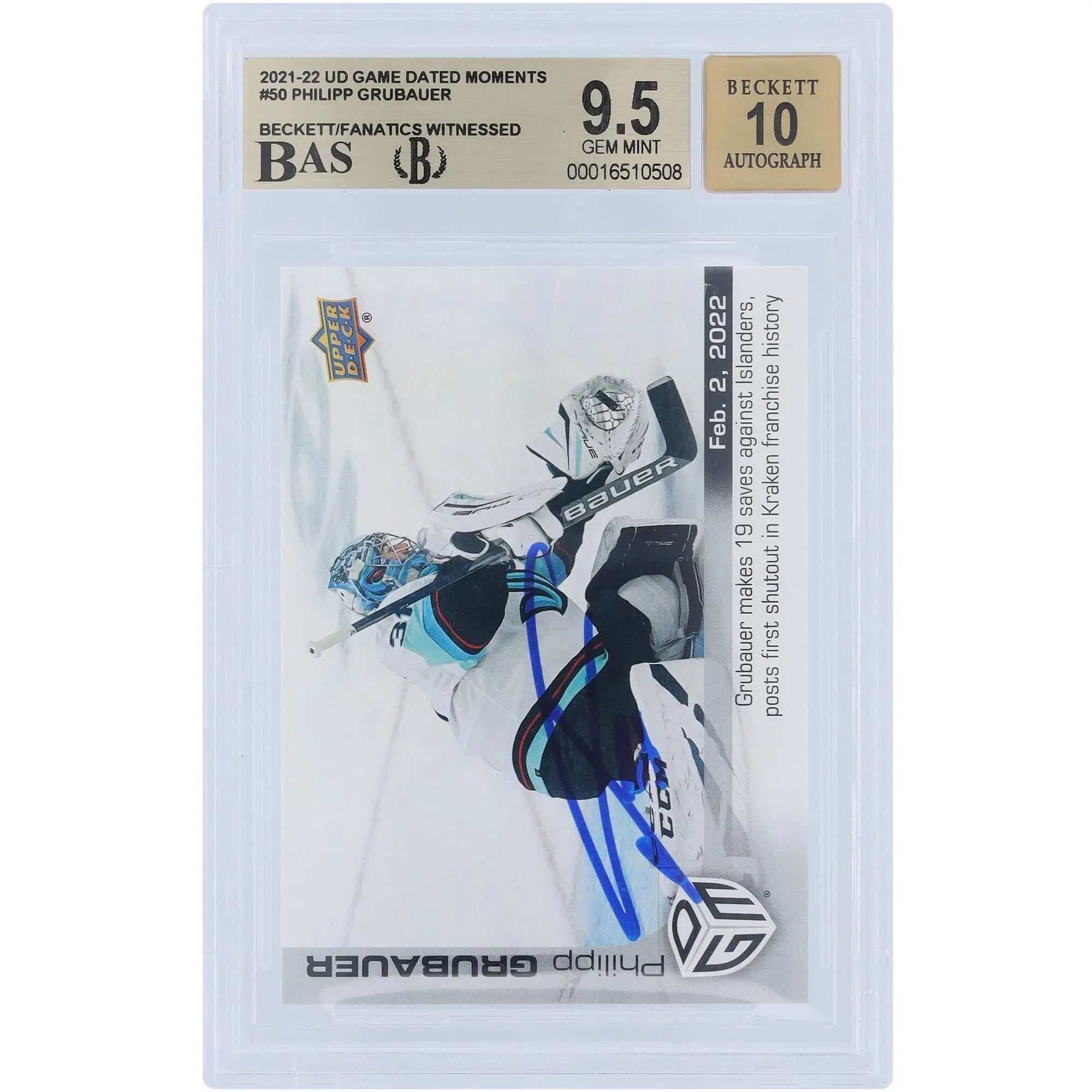 Philipp Grubauer Seattle Kraken Autographed 2021-22 Upper Deck Game Dated Moments #50 #/499 Beckett Fanatics Witnessed Authenticated 9.5/10 Card - Fanatics Authentic Certified