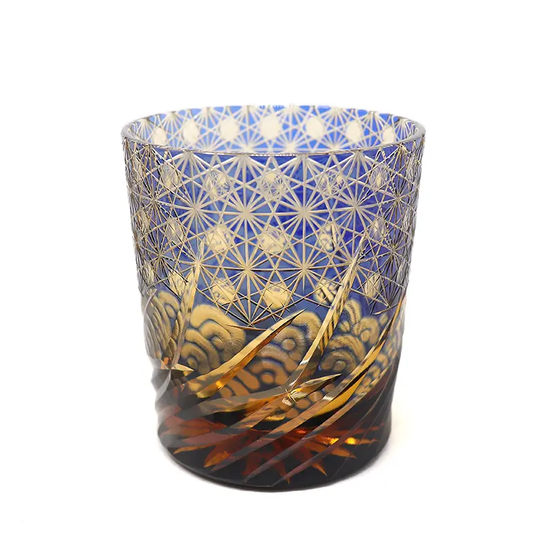 JINZHI Handmade Craft 8oz Blue Crystal Old Fashioned Whiskey Glass - LaiAn Classic Factory Decorative Drinkware, Electroplated Metallized & Sprayed Color Kitchenware, Gift-Ready with Gift Box