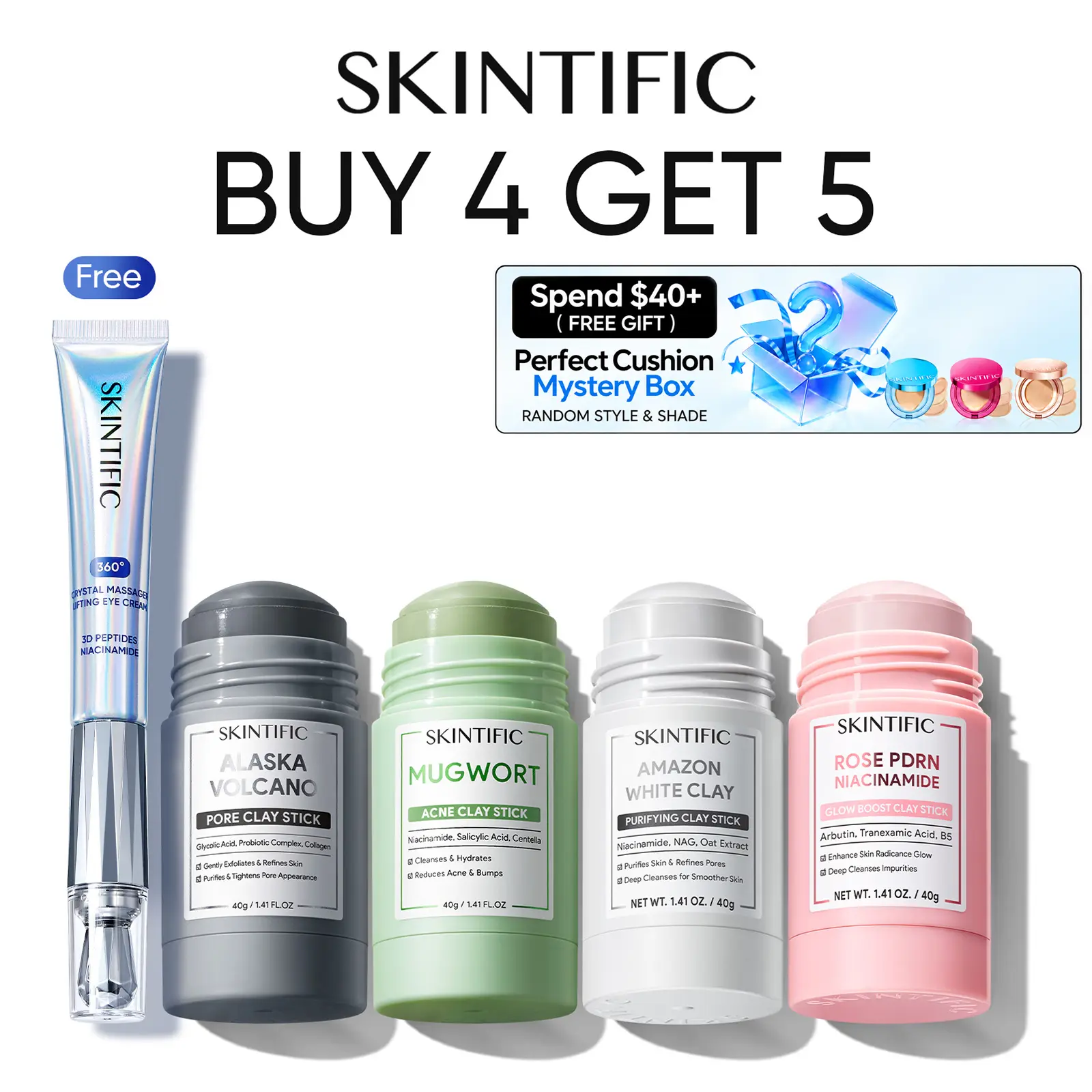 [Buy 4 Get 5] SKINTIFIC Ultimate Clay Stick Bundle – 5 Masks + Free 360° Crystal Massaging Eye Cream / 5X Cleanser Bigger Size – Alaska Volcano + Mugwort Anti Pores & Acne+ Niacinamide Bright Boost + Amazon White purifying + PDRN Rose Clay Stick