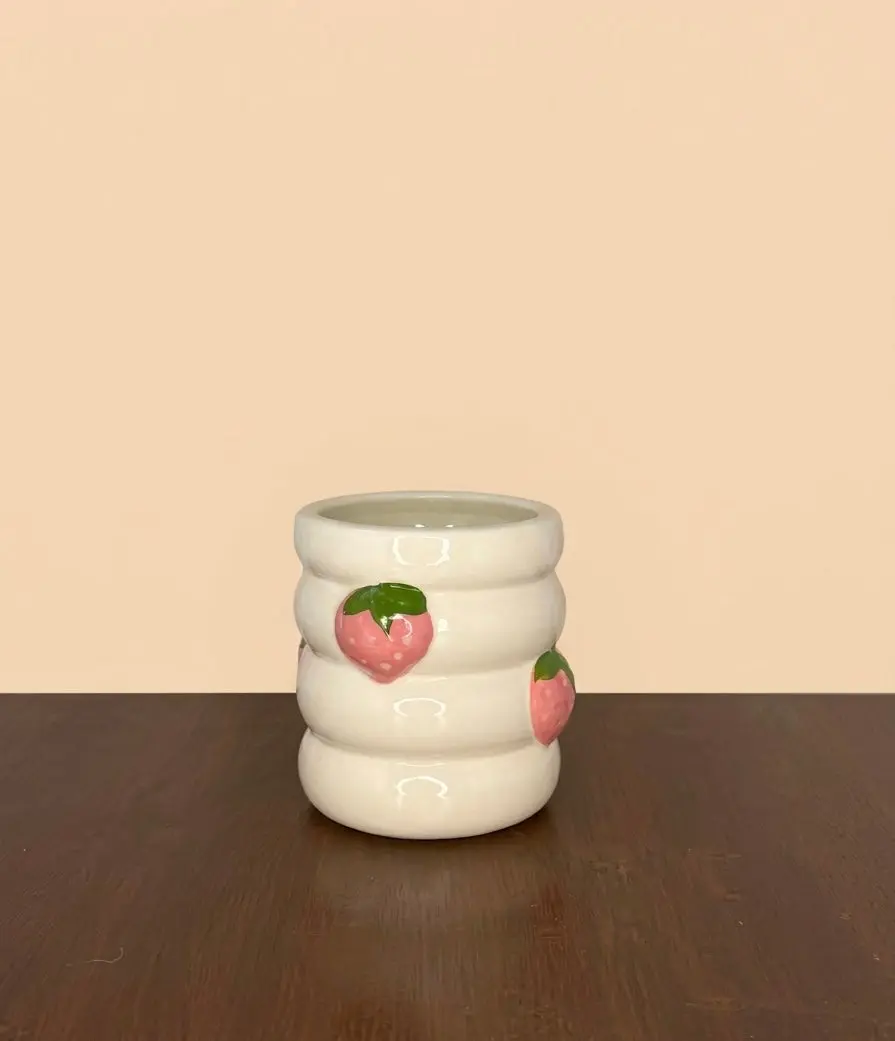 Pink Strawberry Planter - 3in diameter - glazed ceramic white planter with pink strawberries