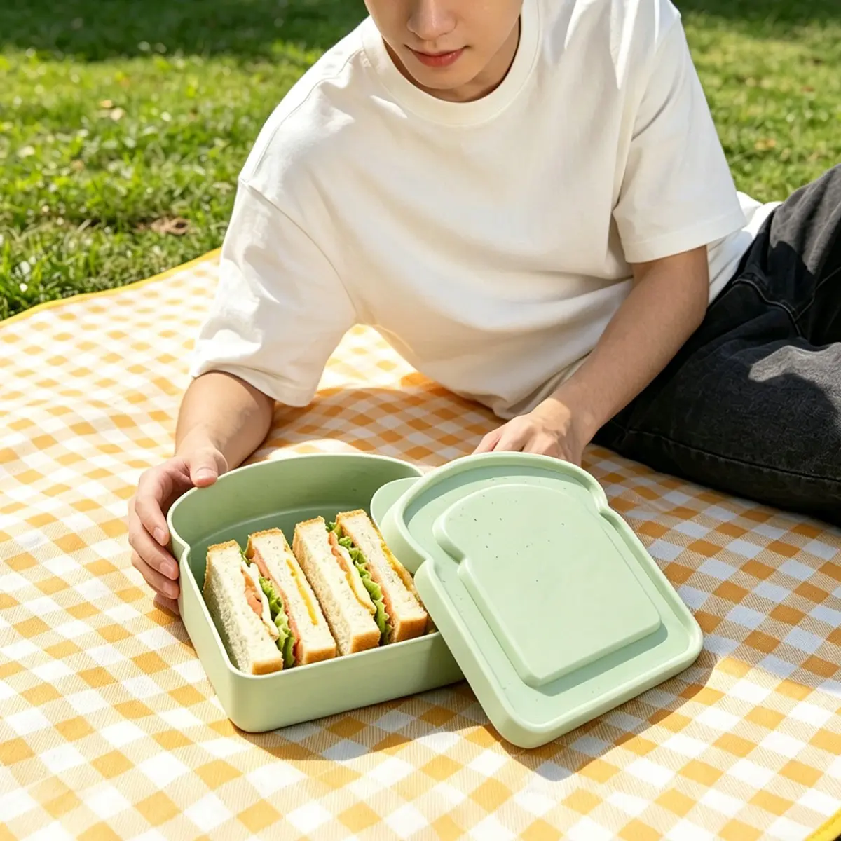 Portable Bamboo Fiber Lunch Box, Large Capacity Bento Box for Toast, Bread, Sandwiches, Student Essentials, Back-To-School Must-Have