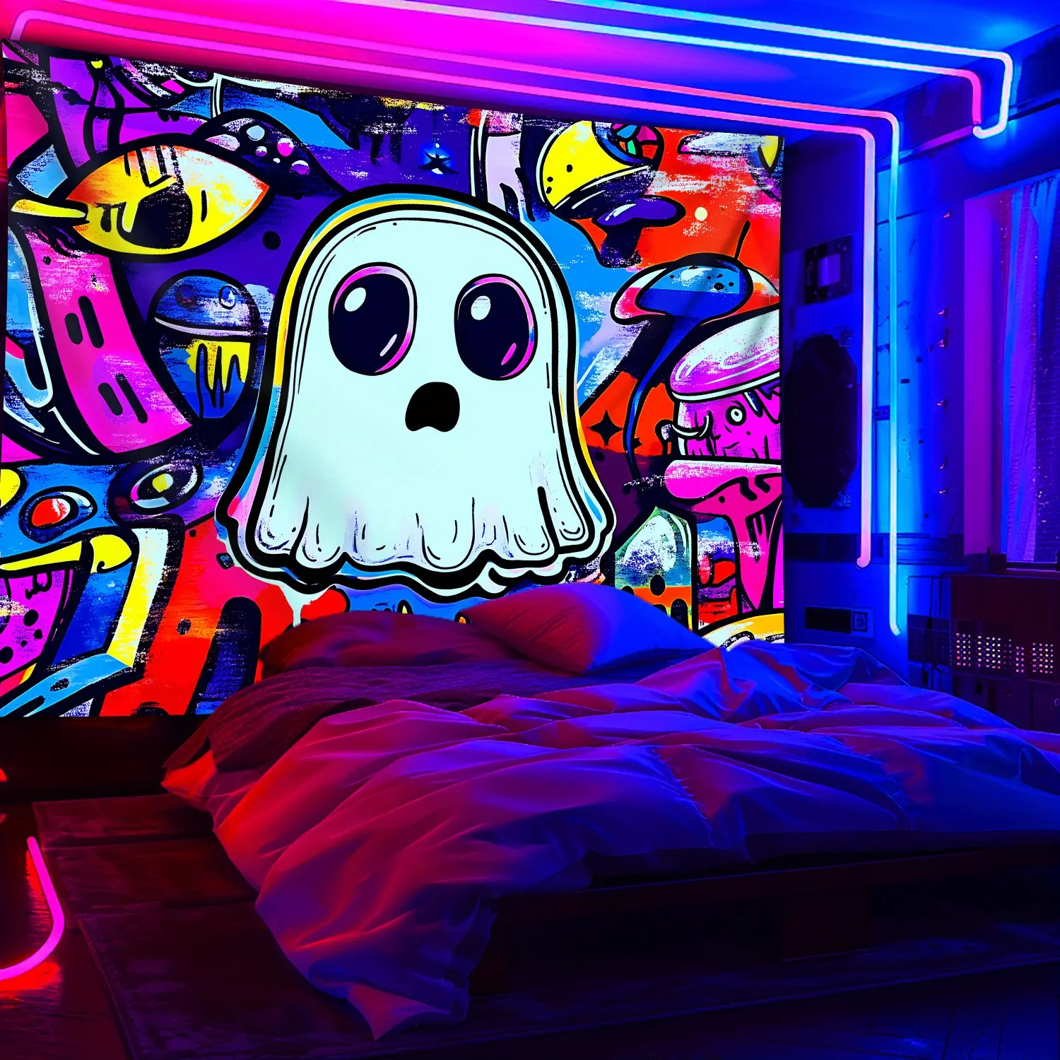 60x40in Oversized Lightweight Glow-in-the-Dark UV Reactive Sunset Graffiti Art Tapestry - Premium Polyester Fluorescent Digital Graphic Print, No-Installation Wall Decor for Bedroom Parties, Home Decor Inspo Hanging