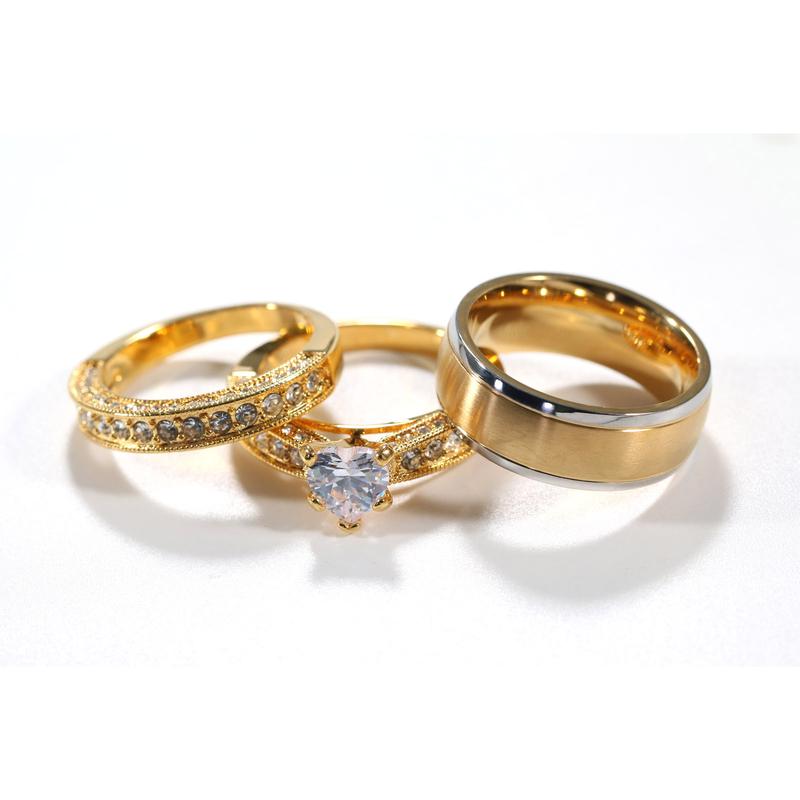 Ringcrown Couple Rings Matching Ring Heart 1ct CZ Yellow Gold Plated 2pcs Women Wedding Ring Sets For Him And Her Ring Men Tungsten Steel Wedding Band