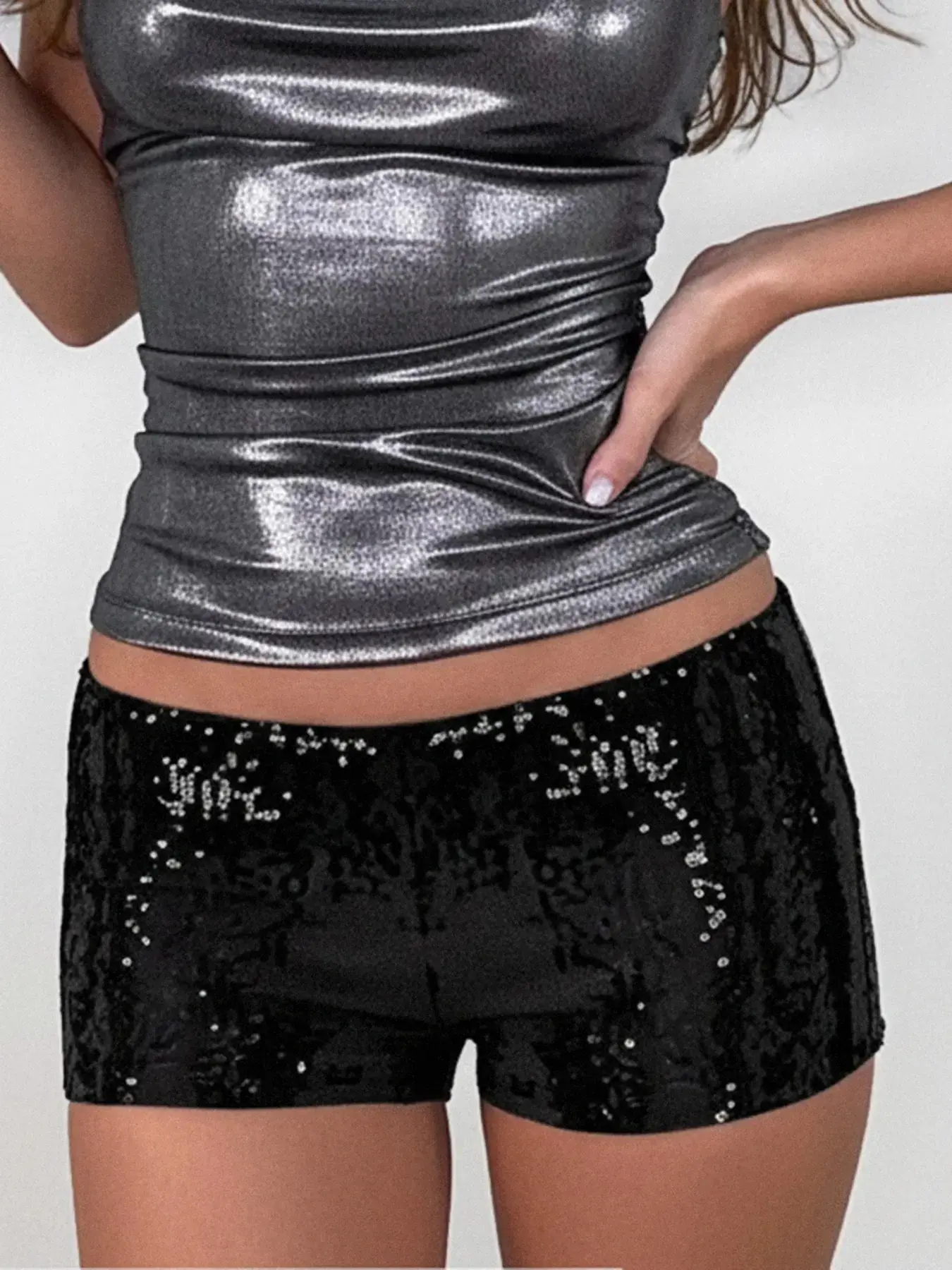 Women's Plain Sequin Low Waist Super Short Hot Pants, Low Rise Shorts, Street Style Vintage Fashion, Perfect for Parties and Daily Casual Wear, Womenswear Lady