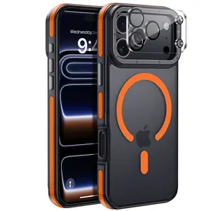 YZOIKO Strong Magnetic for iPhone 17 Pro case with Camera Lens Protector [10Ft Military-Grade Protection] Compatible with fit MagSafe Shockproof Slim Thin Cover case for iPhone 17 Pro 6.3 inch, Orange Bumper