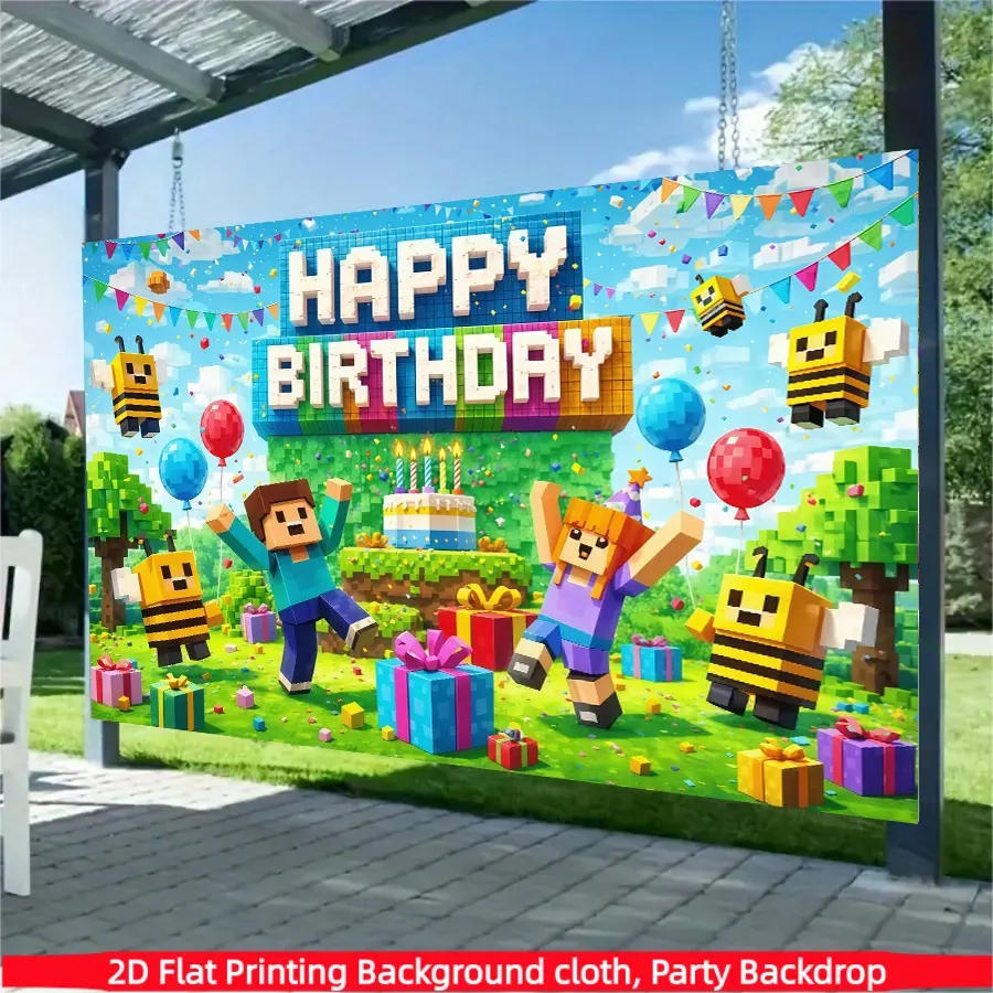 Pixel birthday party background banner, made of polyester material, suitable for photo booths, parties, birthdays, celebrations, as well as indoor and outdoor home birthday party decoration, home decoration, room decoration, wall decoration