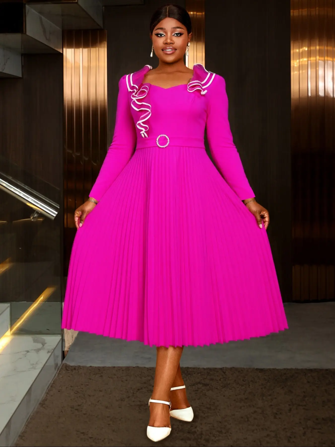 Elegant Magenta Midi Dress for Women, Long Sleeve, Ruffle Embellished V - Neck & Pleated Skirt