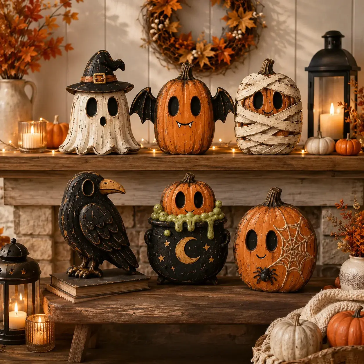 Cute Halloween Pumpkin Figurine Set for Rustic Fall Mantel and Shelf Decor
