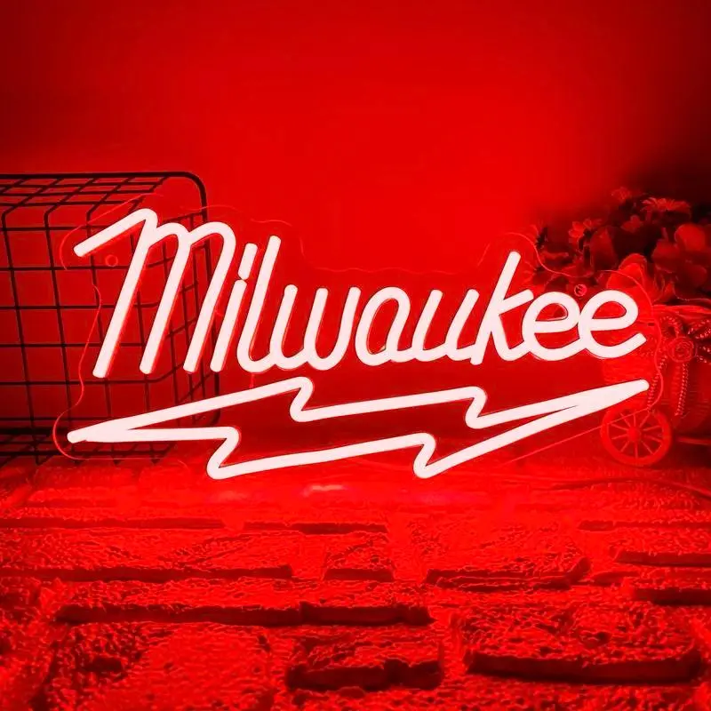 Milwaukee LED Neon Light, Wall-Mounted Adjustable USB Lamp, Decorative Sign for Garage, Workshop, Bar, Party, Ideal Gift for Men