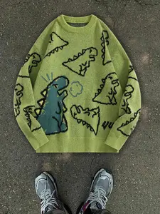 Men's Cartoon Dinosaur Print Drop Shoulder Sweater, Loose Casual Long Sleeve Round Neck Jumper for Fall & Winter, Fashion Men's Knitwear for Daily Wear