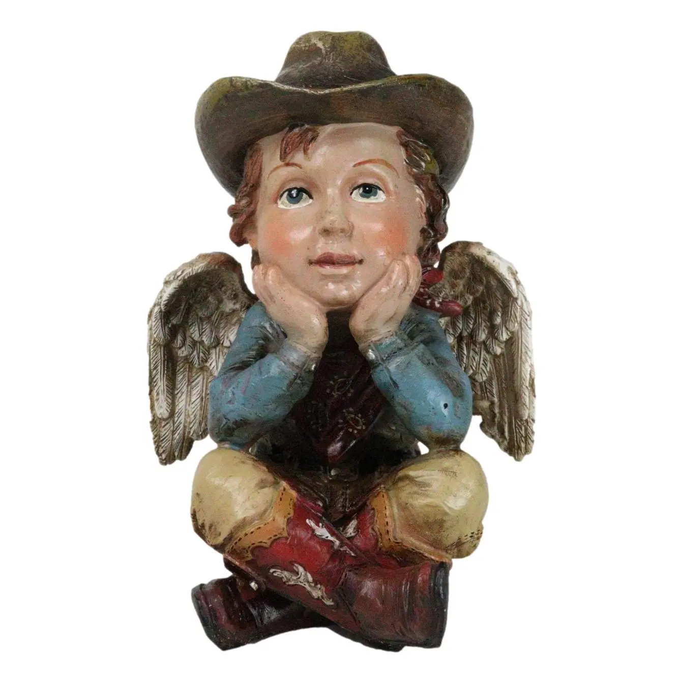Country Rustic Western Cowboy Angel Resin Figurine - Synthetic Wood Accent, Colorful Ornaments, Hat-Wearing Statue with Red Boots, Home Decor Sculpture for Home Supplies