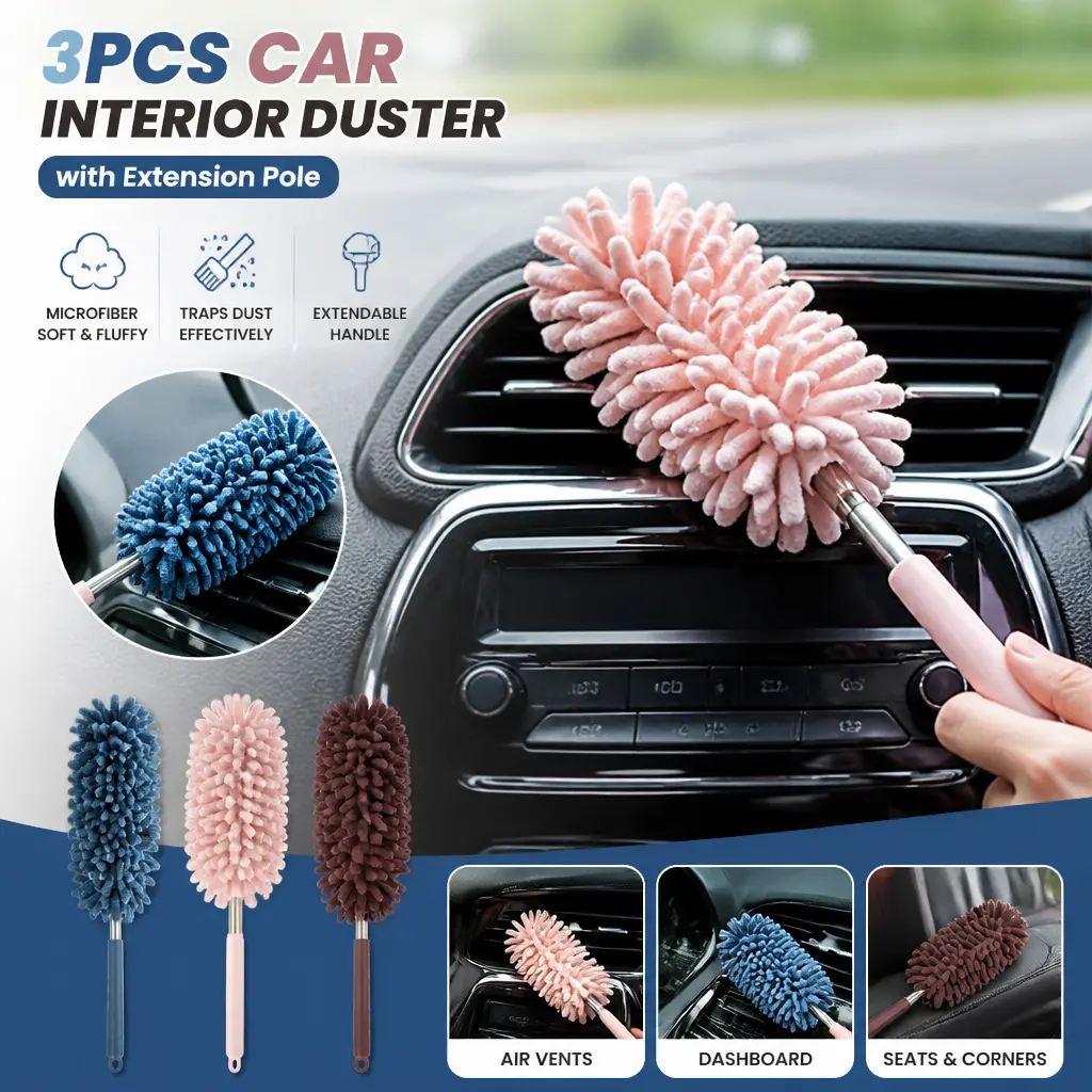 3 Pack Extendable Car Brush - Auto Cleaning Tools with 11.8in-30in Adjustable Handle, Bendable Microfiber Head, Detachable Parts, Scratch-Free Surface Cleaner for Car Owners