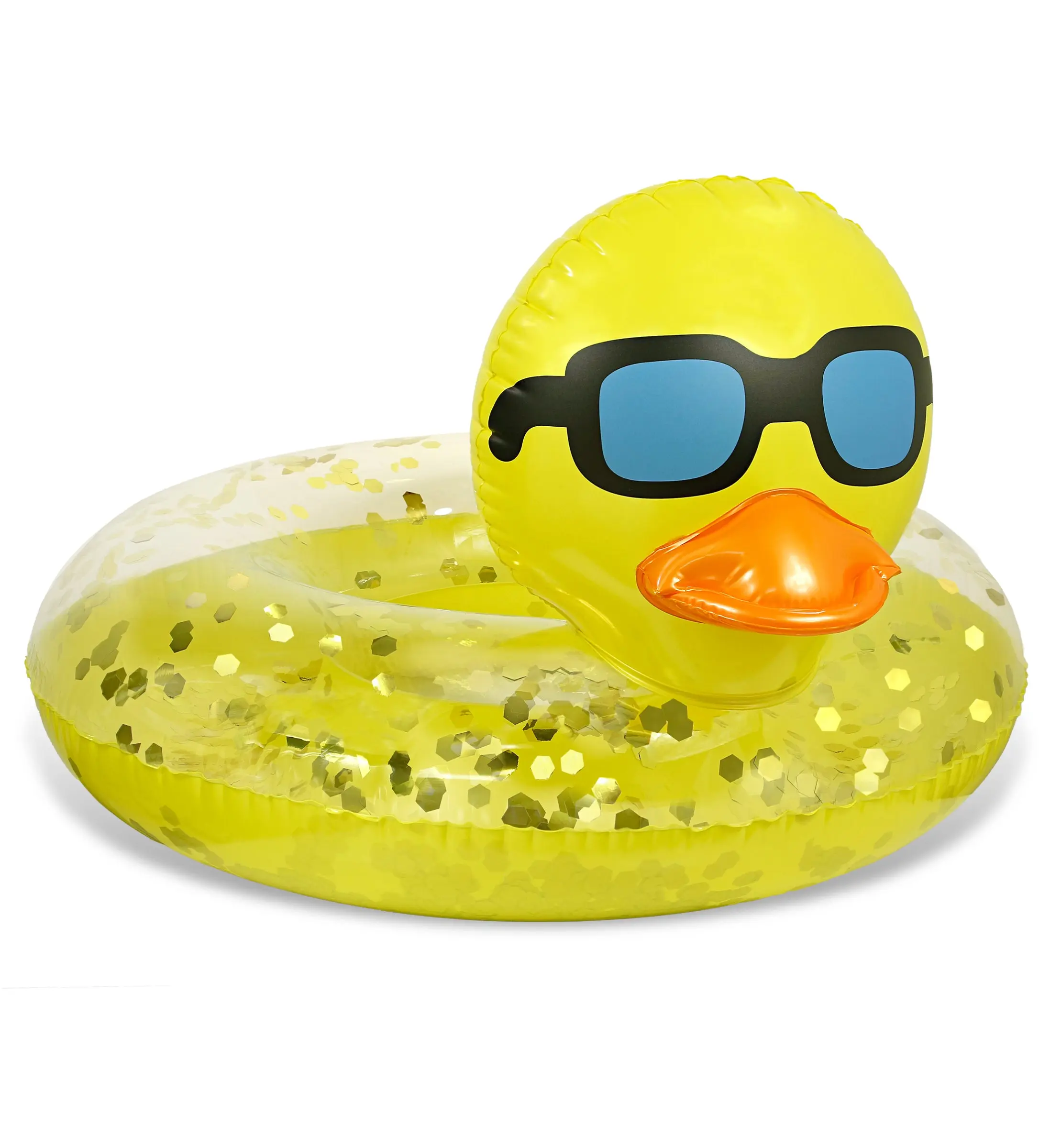 POZA Inflatable Duck Pool Float for Adults - 36 in Yellow Gold, Tear Resistant, Unique Design with Black Eyeglasses & Gold Confetti, for Lake & Beach Water Play