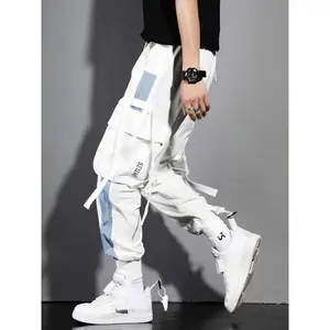 menswear Embroidered Casual Cargo Jogger Pants, Polyester Non-Stretch Solid Color, Multi-Pocket Ribbon Design, Regular Fit, for Teens, Fall/Winter Woven Trousers, for Outdoor