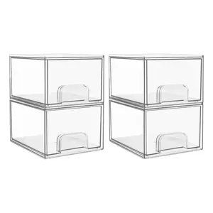 4 Pack Clear Stackable Storage Drawers, 4.4'' Tall Acrylic Bathroom Makeup Organizer, Plastic Storage Bins Home Organization & Storage Boxes White, Space Saving Organizer, Durable Storage Organizer