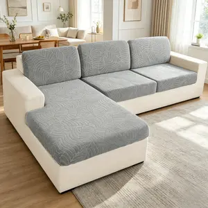Sofa Cushion Covers: Elastic, Leaf-Pattern Jacquard Sofa Slipcovers — Pet-Friendly Furniture Protectors for L-Shaped Sectional Sofas