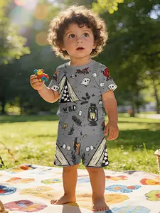 Vintage tent kerosene lamp printed infant and toddler short-sleeve set, baby casual children's clothing, T-shirt suitable for daily and outdoor sports. 100% polyester, a perfect gift for infants and toddlers!
