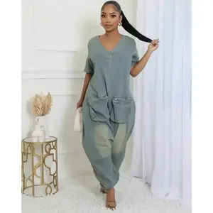 Summer Spring Clothes 2025 New Fall Women Jumpsuits Short Sleeve Jeans Loose Washed Denim One Piece Pockets Cargo Fashion Womenswear Check Light Overalls Minimalist Casual Malachite Blue