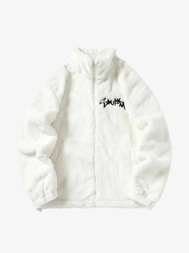 Thesupermade Hip-hop Letter Stand Collar Fur Jacket - 1908