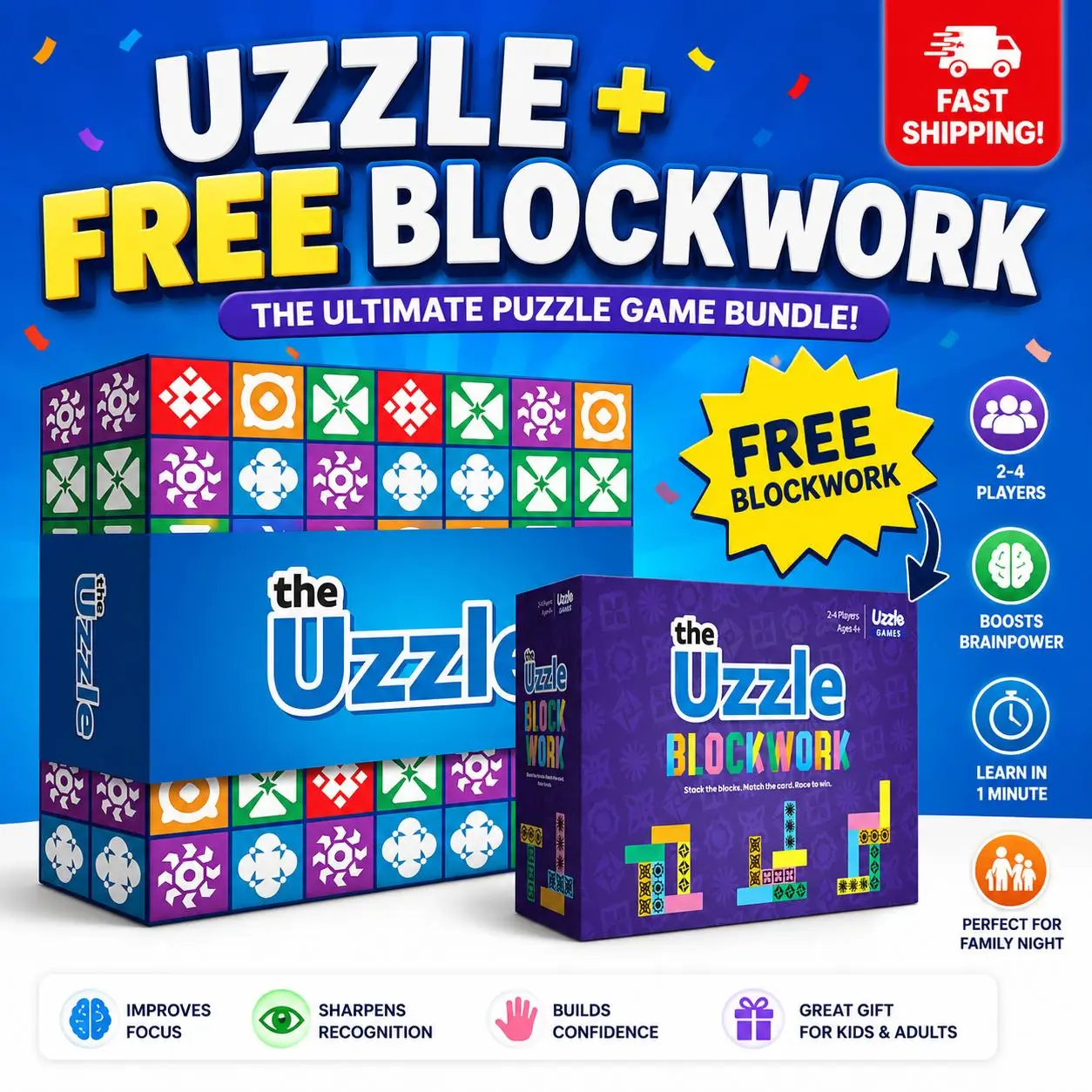 The Uzzle 4.0 Family Board Game + FREE Gift: Uzzle Blockwork Puzzle Game | Ages 4+ | 100 Challenges | 4 Difficulty Levels | Fast-Paced Pattern Matching Game