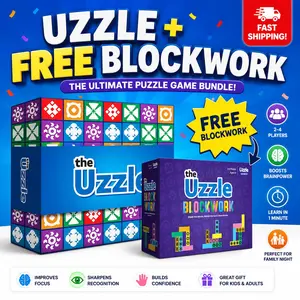 The Uzzle 4.0 Family Board Game + FREE Gift: Uzzle Blockwork Puzzle Game | Ages 4+ | 100 Challenges | 4 Difficulty Levels | Fast-Paced Pattern Matching Game