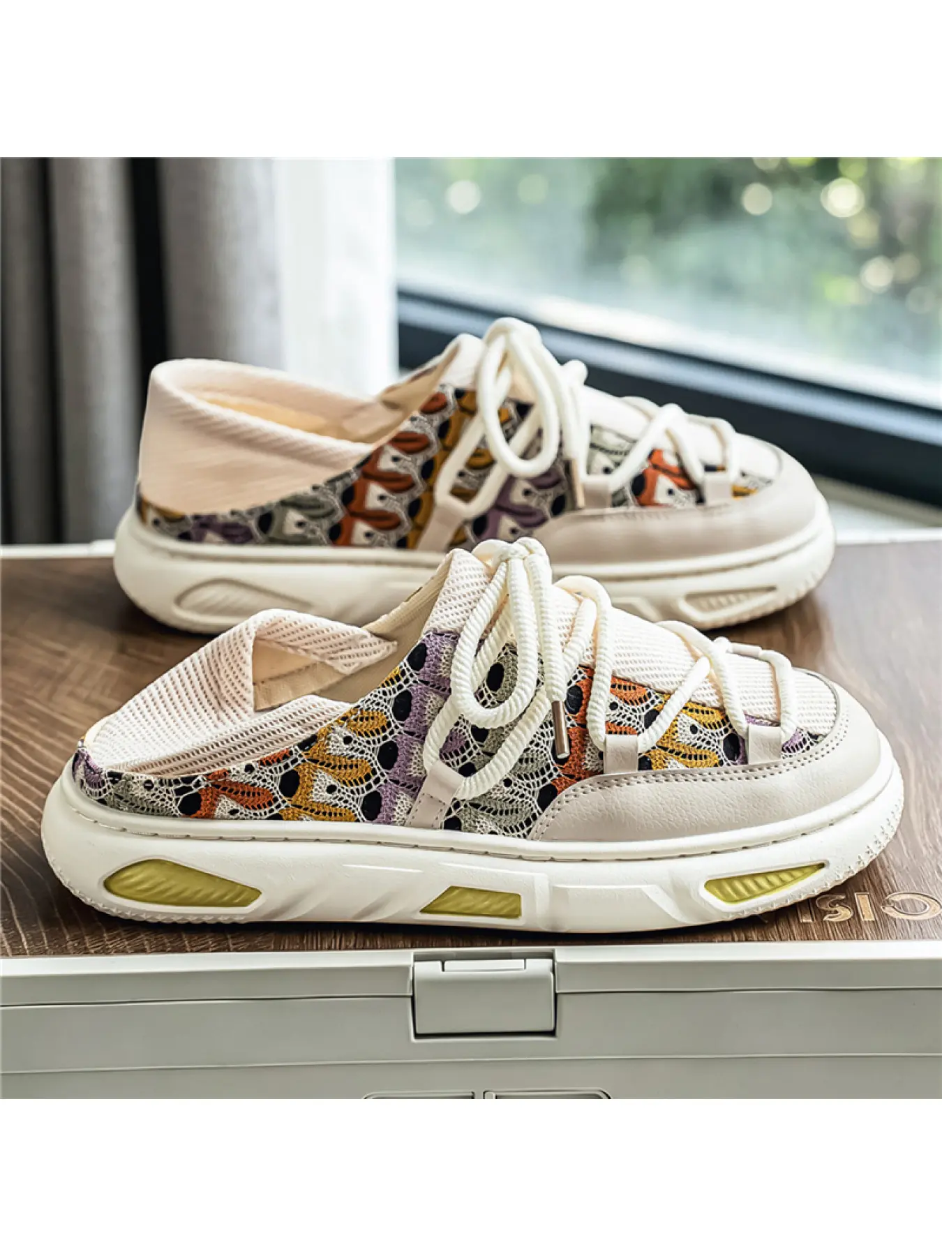 Men's Star Print Denim Closed-Toe Mule Slippers, Vintage Fringe Trim Casual Slip-On Clogs with Adjustable Buckle Footwear