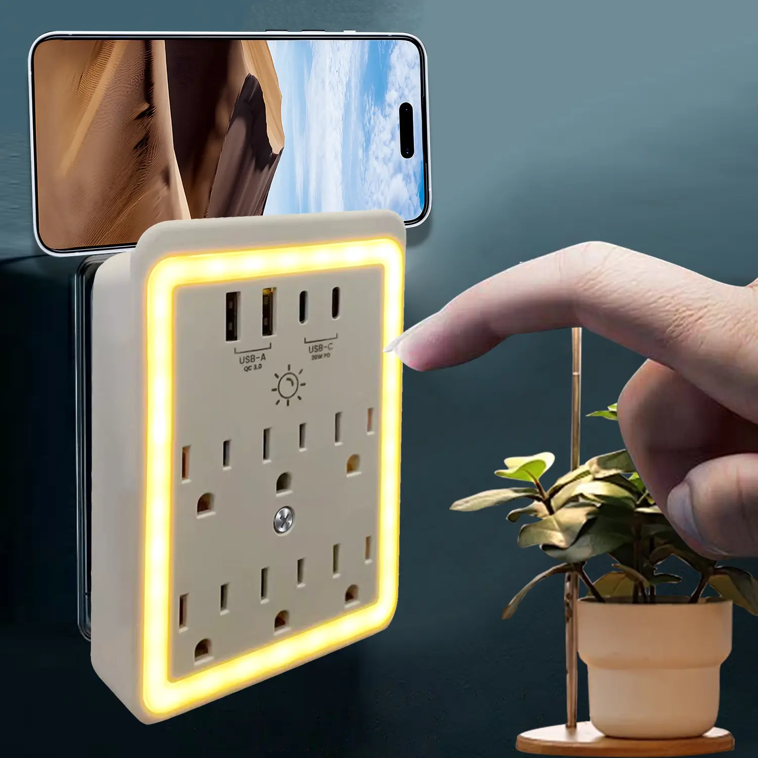 BEJUVG Multi-Plug Surge Protector Wall Outlet Extender - Modern Socket, 6 Adapter-Spaced 3-Sided Outlets, 4 USB Ports (2 PD20W USB-C Fast Charging), Night Light, ETL-Certified