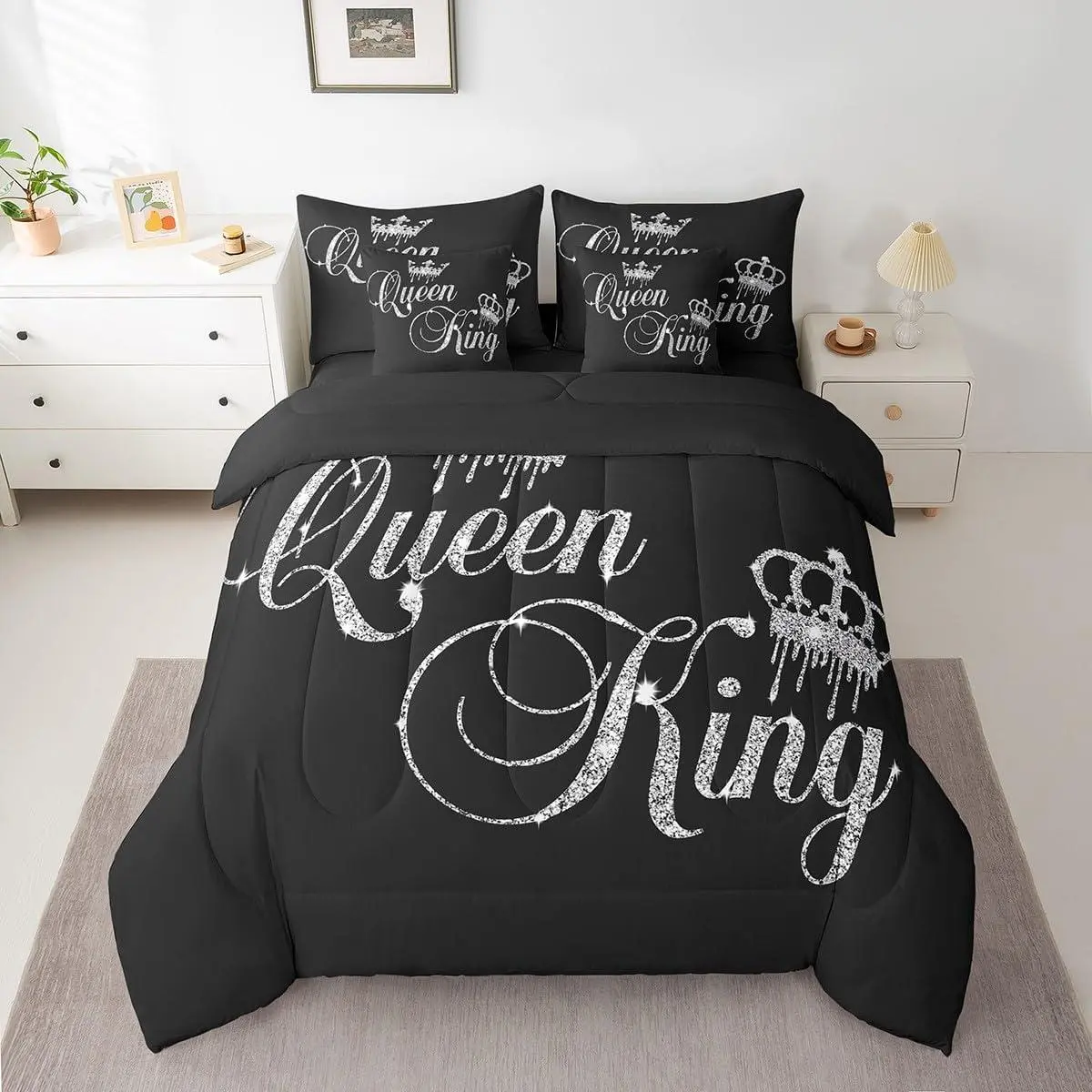 Crown and Couple Bedding Set His and Hers Bed in a Bag for Teens Women Men Black Grey ,Lover Romantic Valentine's Day Decorations Bed Set All Season(No Glitter)