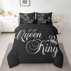 Crown and Couple Bedding Set His and Hers Bed in a Bag for Teens Women Men Black Grey ,Lover Romantic Valentine's Day Decorations Bed Set All Season(No Glitter)
