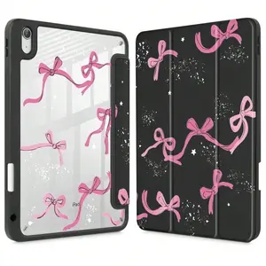 Bowknot IPad Case Compatible with (A16) 11th Generation Case 11 Inch 2025, 10th Gen Case 2022 10.9 Inch,12th 2026 11inch, Mini 4/5/6, Pro 12.9 Inch, Built-in Pencil Holder with Shockproof Cover, Clear Transparent Back Shell Auto Wake/Sleep,Pink/Black