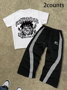 Two-Piece Set Men's Cartoon Face Print Tee & Star Print Tracksuit Set, Loose Casual Comfy Round Neck Short Sleeve T-shirt & Pants, Men Two-piece Outfits for Daily Wear