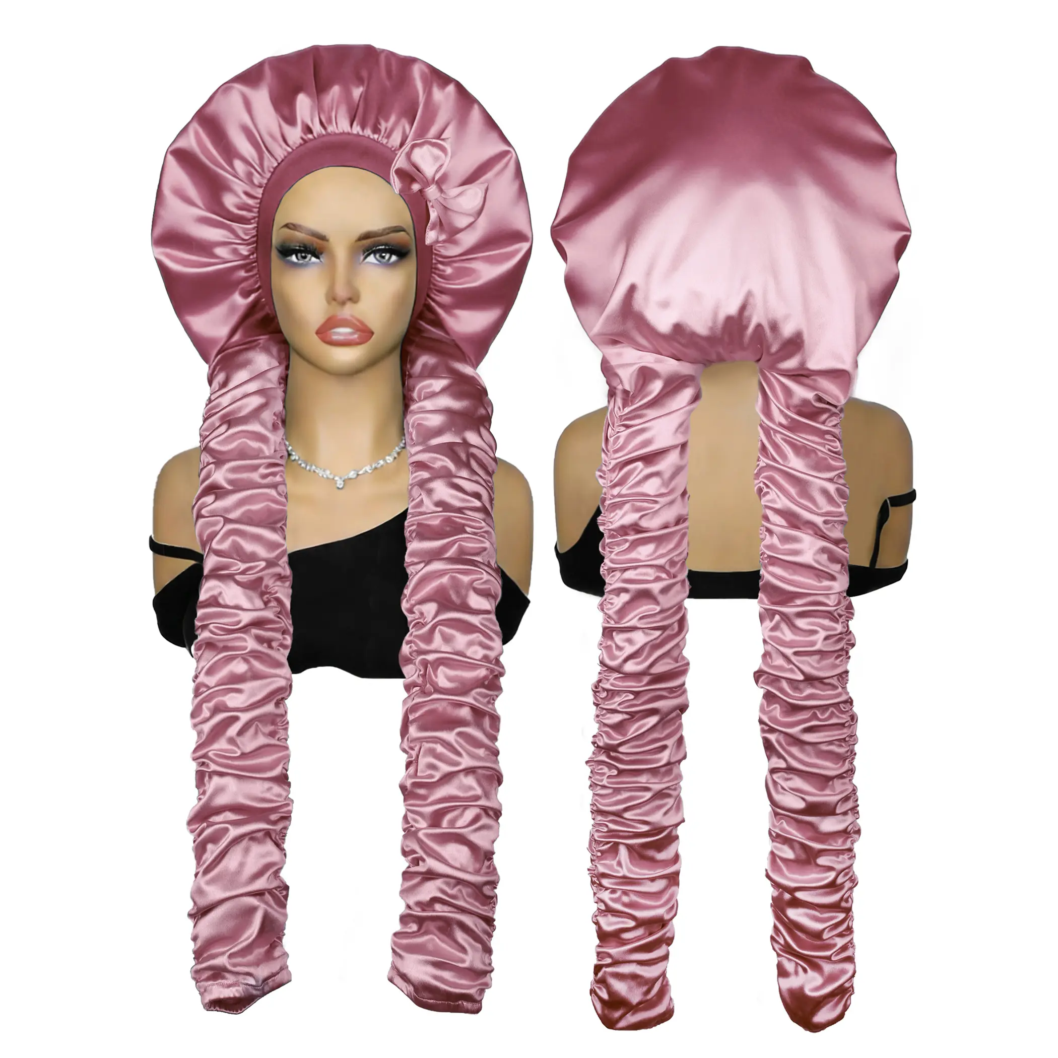 SeSe Code Satin Sleep Bonnet with Extra Long Pleated Side Bands, Elastic Non-Slip Hair Protection Night Cap