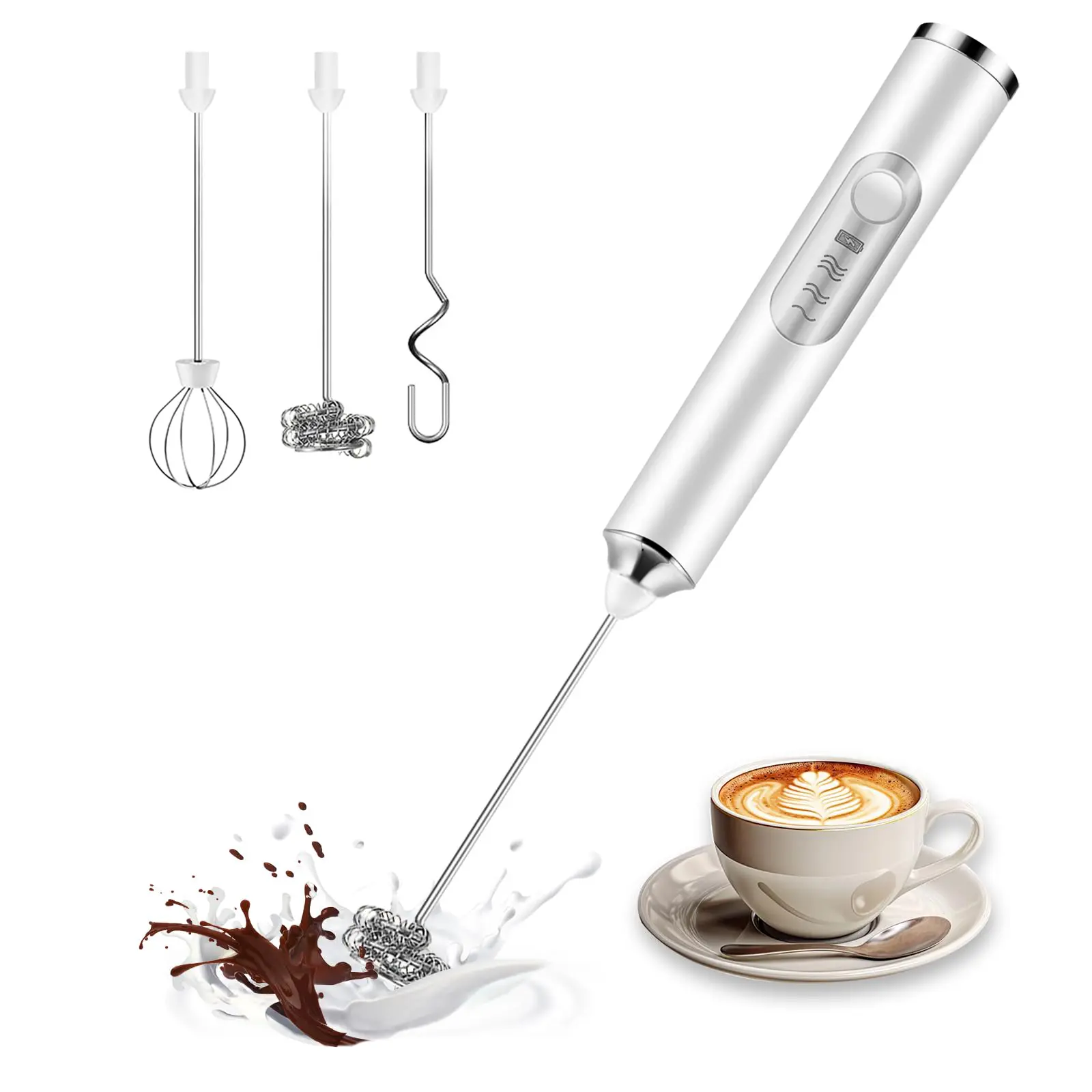 Electric Coffee Blender with 3 Heads, Portable Handheld Milk Frother, USB Rechargeable Beverage Blender, 3 Speed​​ Adjustable Coffee Frother Wand, Latte, Cappuccino, Juice