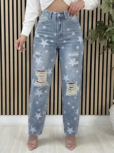 Women's Casual Fitted Button Jeans, Star Print Ripped Denim Jeans, All-Season Wear, Elegant Party, Daily Airport Style, Concert & Travel Pants Womenswear