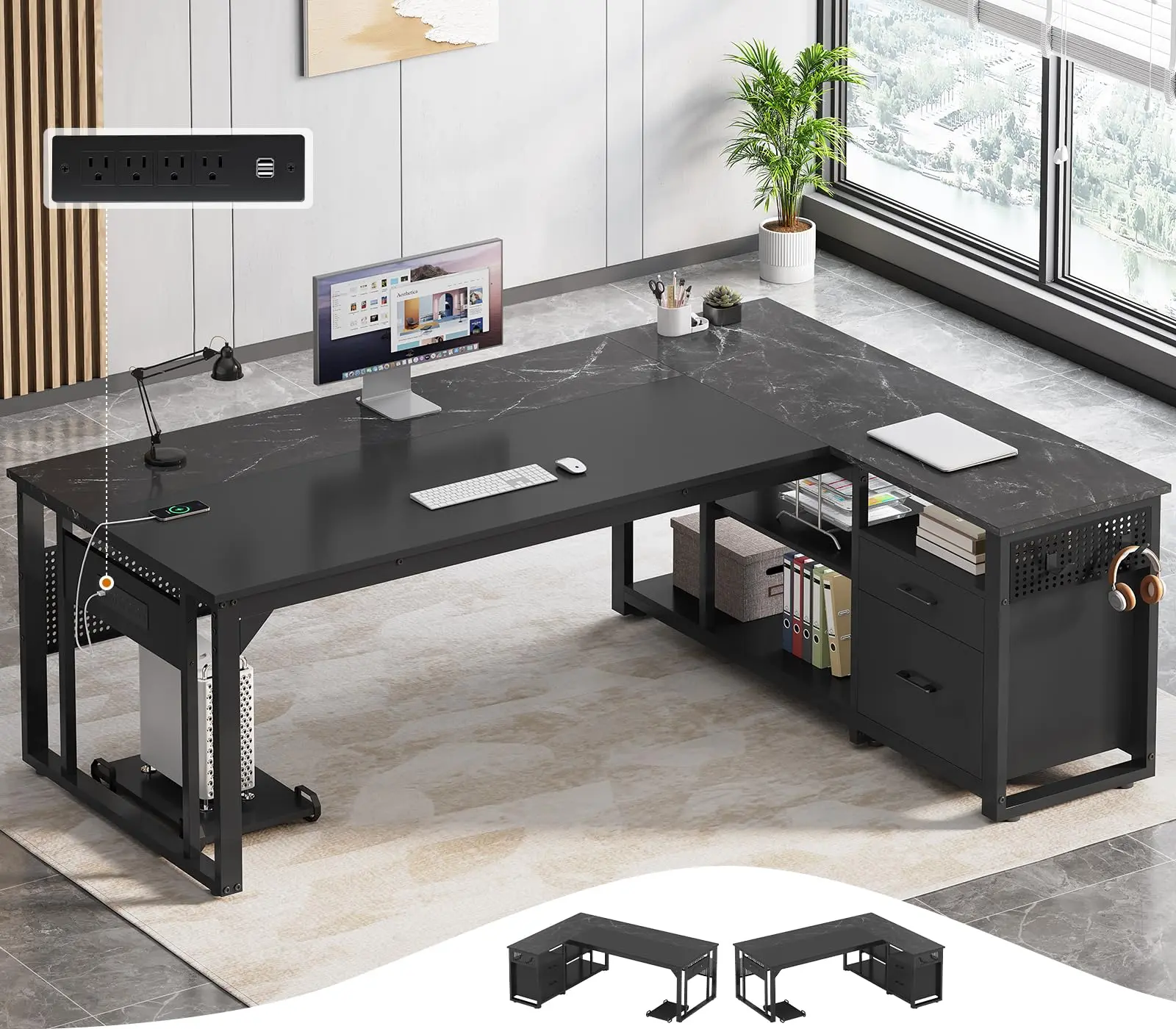 71" Wide Multi Functional Executive Desk - Reversible L-Shaped Computer Working Desk, Apartment Furniture with Power Outlet, File Drawers, Pegboard, CPU Stand, PC Stand Table for Home Office Workstation (Black)