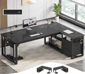 71" Reversible L-Shaped Executive Desk with Power Outlet & File Drawers, Large Computer Gaming Desk with Pegboard & CPU Stand, Modern Home Office Workstation (Black)