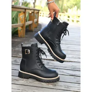 Women's Fashion Snow Boots, Side Zipper Design, Lace-Up Combat Boots for Walking and Work, Stylish Leather Platform Short Boots, Winter Boot Shoes