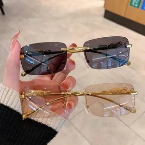 Rimless Metal Leopard Accent Sunglasses Women Square Color Lens UV Protection Fashion Eyewear Daily Travel Party Street Style
