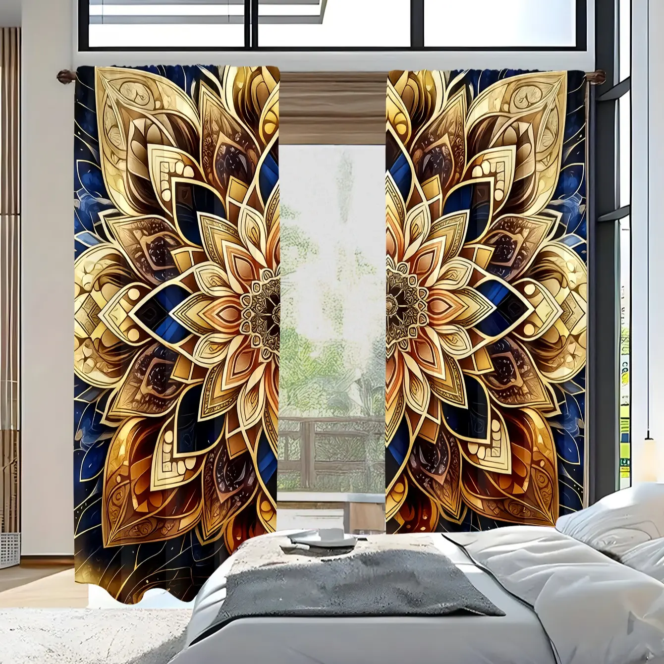 Elegant Mandala Flower Curtains Set of 2, Polyester Fiber Artistic Relief Print Rod Pocket Drapes, Perfect for Living Room Bedroom Decor, Window Curtain