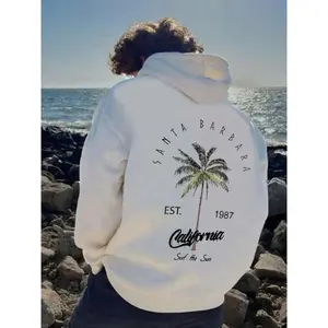 Men's Letter & Palm Tree Print Drop Shoulder Hoodie, Regular Fit Fashion Casual Drawstring Pocket Hooded Sweatshirt for Daily Holiday Outdoor Wear, Men Clothes for Spring & Fall Cotton Menswear Soft Outfits Green Classic Unisex Suit Tee Tops