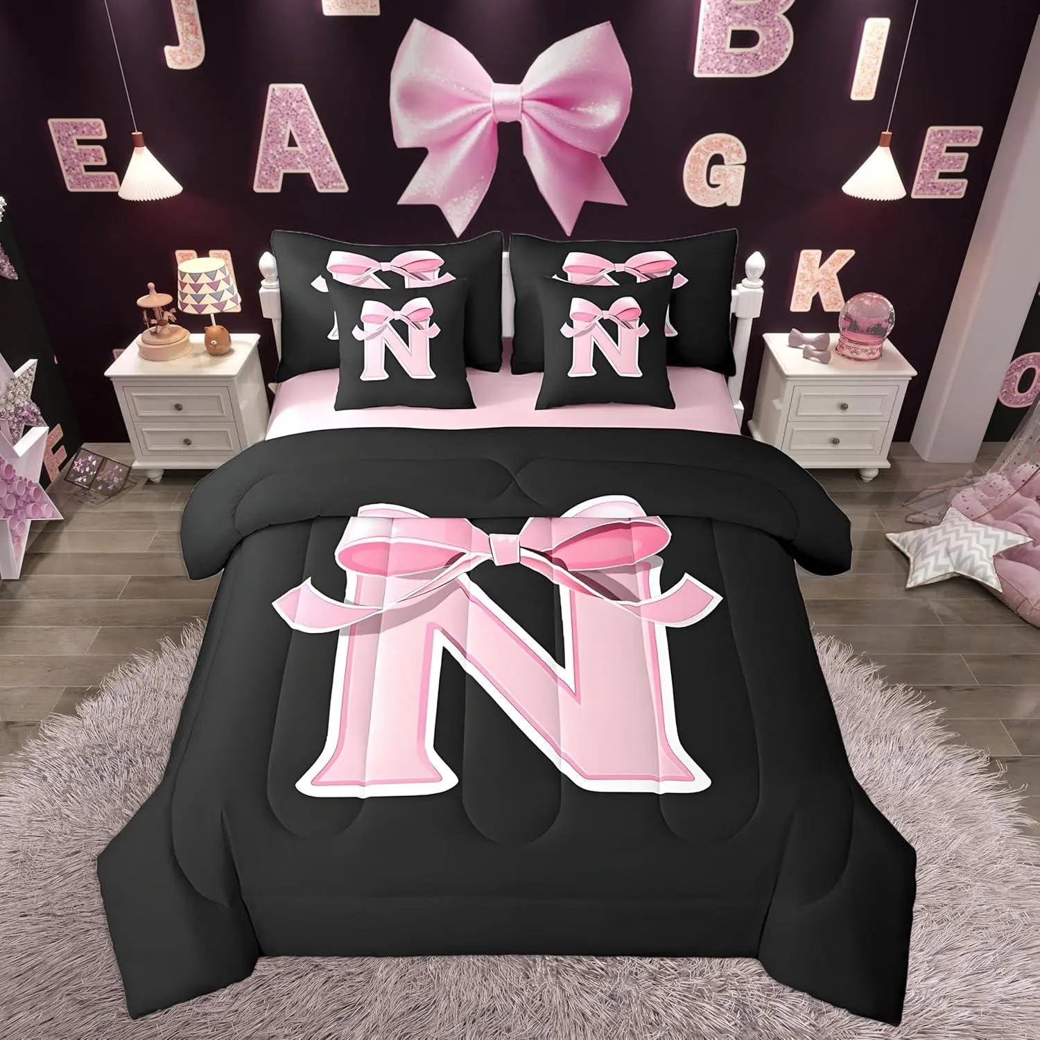 Kawaii Pink Bow Comforter Set with Sheets,Gifts for Women Teen Girl,Monogrammed 7 Piece Bedding Set,Soft Personalized Initial Letter N Bed in a Bag with Comforter,Sheets,Pillowcases