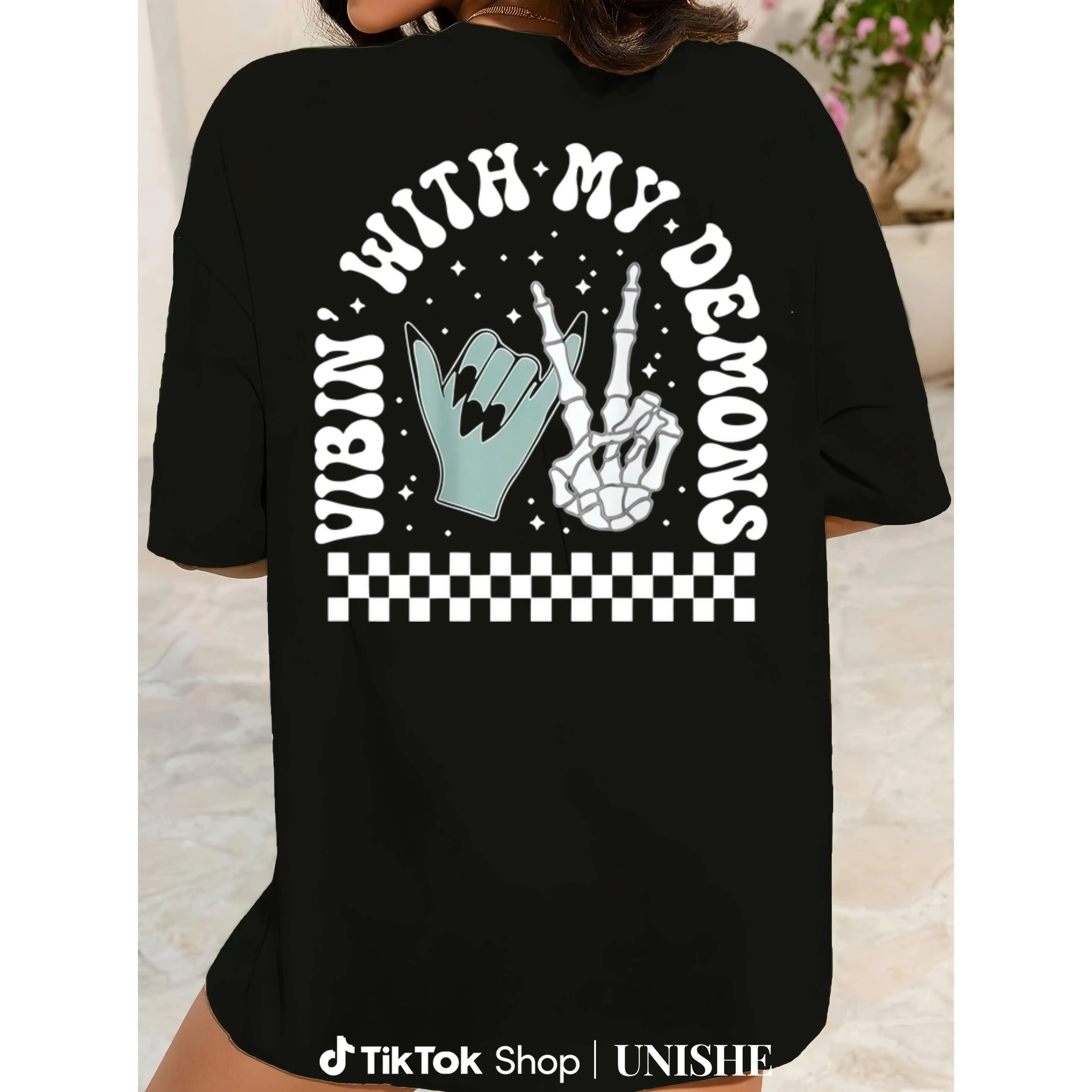 Skeleton Design Halloween T-Shirt – Good With My Demons Front/Back Print, Black Cotton