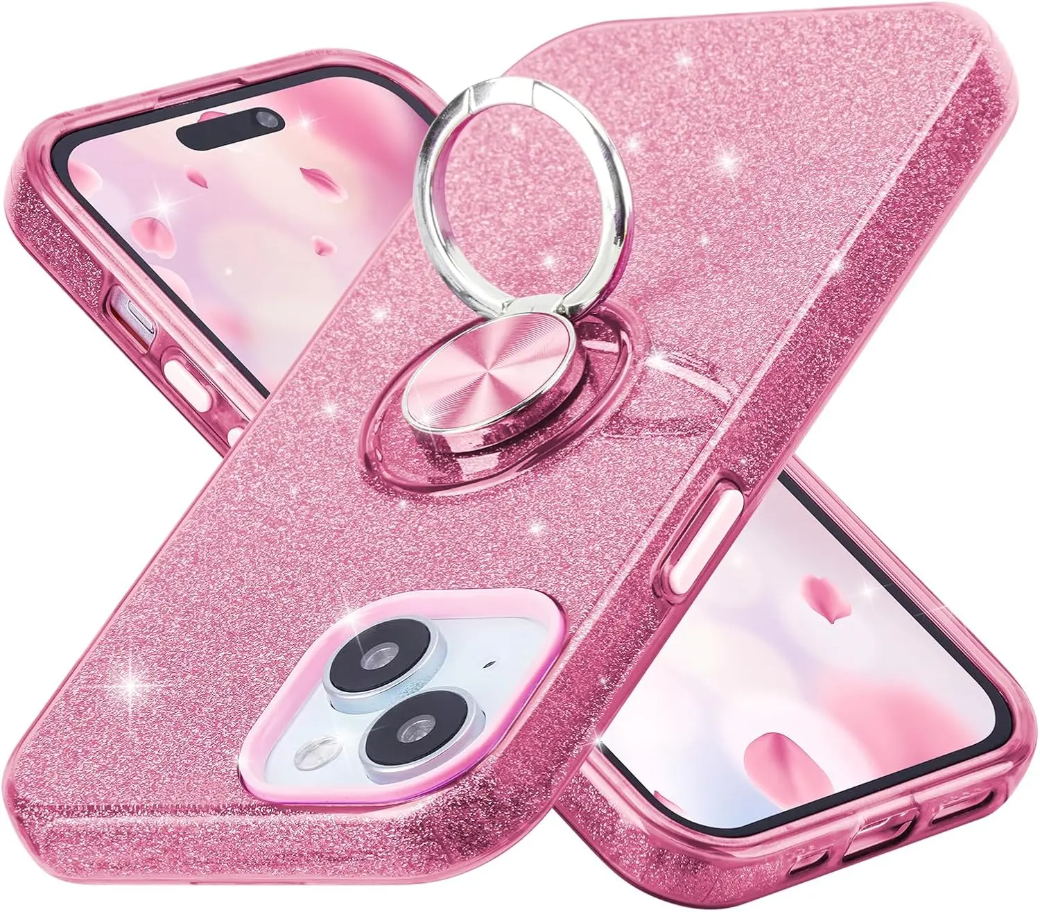 Case for  15, for  14, for  13, Cute Glitter Bling Sparkle Protective Case with Ring Kickstand, Women Girls Phone Case for 6.1 Inch  15/14/13 - Pink