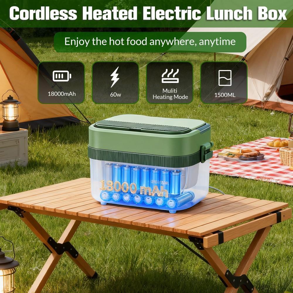 Cordless Heated Lunch Box 1.5L, Electric Food Warmer with 18000mAh Rechargeable Battery, 60W Lunch Box with Timer for Work Travel