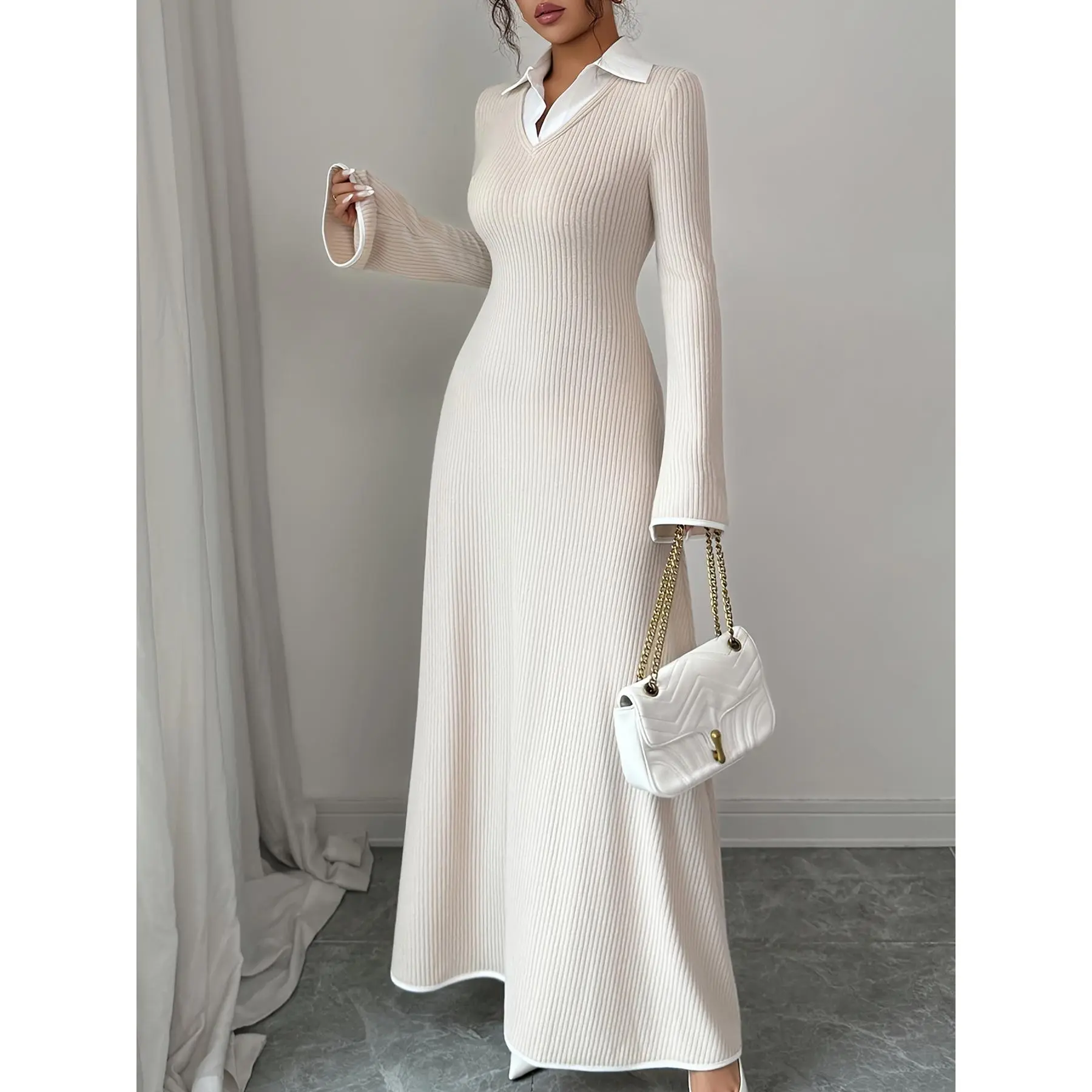 ZAFUL Women'S Elegant French-Inspired Long Sleeve Dress - Slim Fit V-Neck A-Line Long Skirt, Hip-Hugging Silhouette, Solid Color, Long Length for Fall/Winter, Versatile for Casual & Formal Occasions, Long Sleeve Dresses, Winter Elegant Wear, Sophisticated