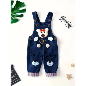 Toddler Boys Girls Navy Blue Bear Denim Overalls Adjustable Shoulder Straps Open Crotch Washable Jumpsuit for Outdoor Play