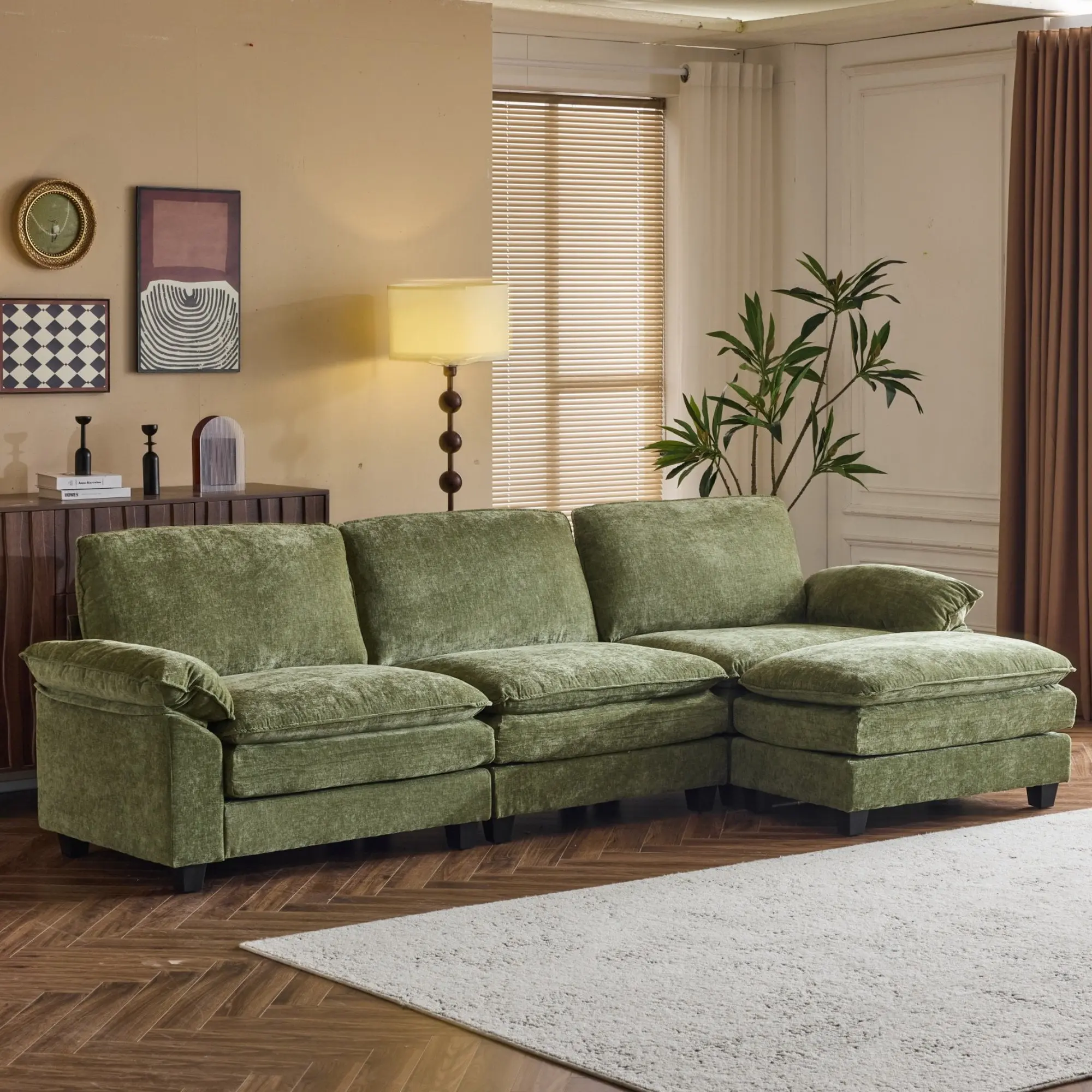 Karlhome L-Shaped Sectional Sofa with Chaise – Comfy Couch, Space Saving Furniture, 3-Seat Living Room Sleeper Set, Chenille Fabric, Double Layer Cushions, 120" W Olive Green